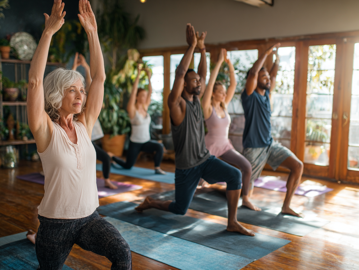Інструктор демонструє правильну техніку виконання асани йоги учасникам різного віку